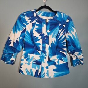Coldwater Creek Blue Floral Print Zipper Front Ruched Sleeves Jacket Women's 8